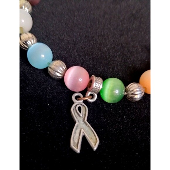 Colorful Beads & Silver Beads & Plated Hope Ribbon Cancer Awareness Bracelet - Picture 2 of 3